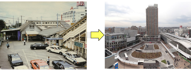 JR中央線武蔵小金井駅南口 左、沿線の再開発前　右、沿線の再開発後