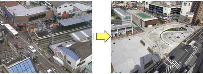 京王京王線 国領駅付近 左、沿線の再開発前　右、沿線の再開発後